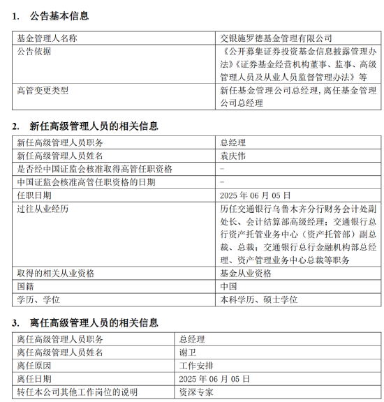千亿基金“换帅”：27年老将谢卫(😜)转任专家，袁庆伟接任总经理